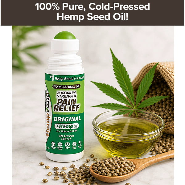 A bottle of Hempvana Original Roll-On is placed beside a bowl of hemp seed oil, a hemp leaf, and scattered hemp seeds on a white surface, with text above highlighting pure, cold-pressed hemp seed oil for soothing pain relief.