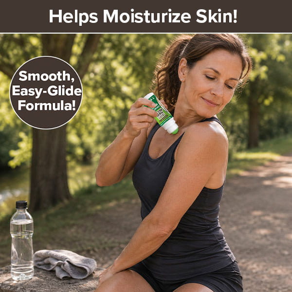 A woman in workout clothes applies Hempvana Original Roll-On, a topical analgesic, to her shoulder outdoors. Text reads, Helps Moisturize Skin! Smooth, Easy-Glide Formula! A water bottle and towel sit on the bench beside her, suggesting pain relief after exercise.