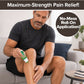 A man applies Hempvana Original Roll-On, a topical analgesic, to his leg. Text reads: Maximum-Strength Pain Relief! and No-Mess Roll-On Application! He appears focused and is sitting on a couch in a home setting.