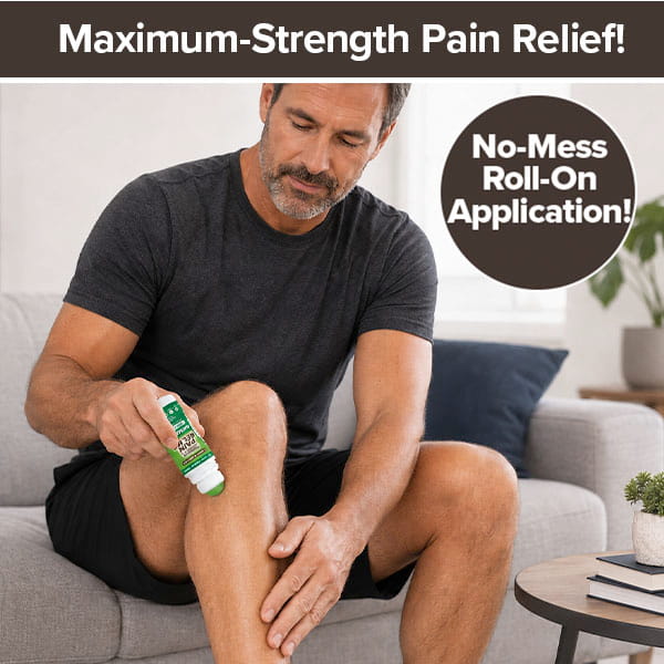 A man applies Hempvana Original Roll-On, a topical analgesic, to his leg. Text reads: Maximum-Strength Pain Relief! and No-Mess Roll-On Application! He appears focused and is sitting on a couch in a home setting.