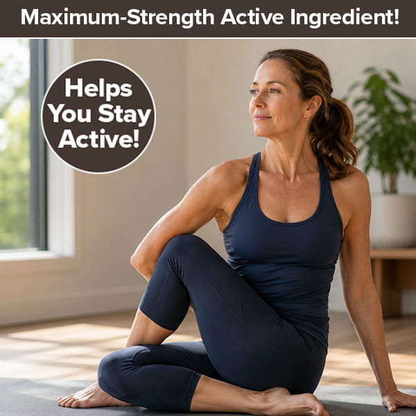 A woman in athletic wear does a seated yoga stretch indoors as sunlight streams through the window behind her. Text reads, “Maximum-Strength Active Ingredient! Hempvana Original Roll-On helps you stay active with targeted pain relief!”.