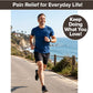 A man jogs along a paved path by the ocean, smiling, dressed in a blue shirt and black shorts. Text reads, Pain Relief for Everyday Life! Keep Doing What You Love—with the soothing power of Hempvana Original Roll-On made with hemp seed oil! Coastal scenery in the background.