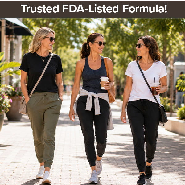 Three women in casual outfits walk outdoors on a sunny day, smiling and holding drinks. The text above them reads, Trusted FDA-Listed Formula! Thanks to Hempvana Original Roll-On—a topical analgesic for effective pain relief—they’re enjoying their day with ease. Trees and shops line the background.