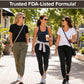 Three women in casual outfits walk outdoors on a sunny day, smiling and holding drinks. The text above them reads, Trusted FDA-Listed Formula! Thanks to Hempvana Original Roll-On—a topical analgesic for effective pain relief—they’re enjoying their day with ease. Trees and shops line the background.