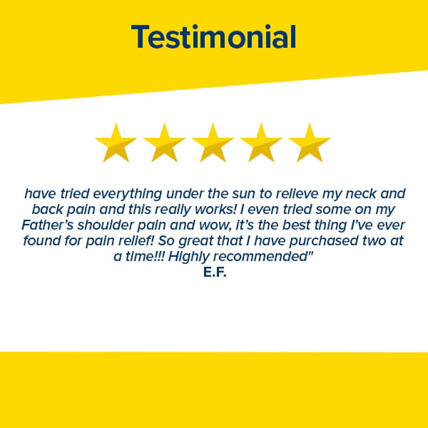 Testimonial image featuring five gold stars and a customer review praising pain relief from using the Hempvana Original Roll-On, noting the purchase of two items and offering a strong recommendation. Blue text displayed on a white and yellow background.