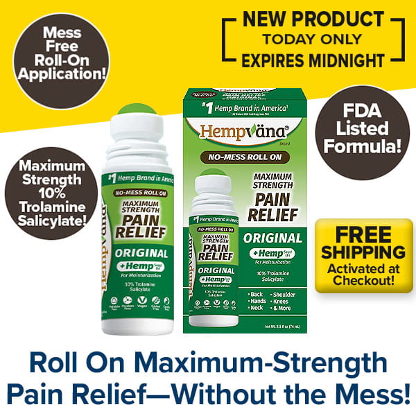 The Hempvana Original Roll-On bottle and box are displayed, featuring text that emphasizes maximum strength, a no-mess roll-on applicator, an FDA-listed formula, and free shipping. This topical analgesic is formulated to relieve pain with a unique blend of hemp oil and trolamine salicylate.