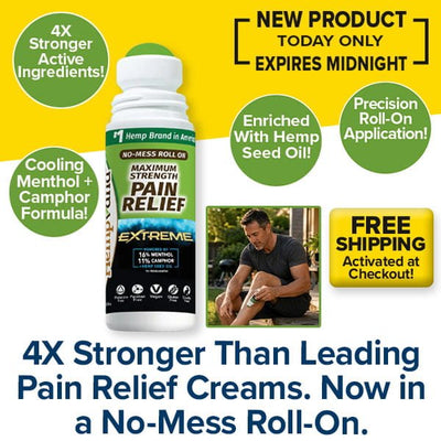 Experience fast-acting relief with Hempvana Extreme Roll-On, a pain relief solution infused with 4X Stronger hemp seed oil, soothing menthol, and camphor. The precision roll-on applicator provides targeted comfort and mess-free use. Plus, enjoy free shipping on your order. Image displays a man applying the roll-on alongside the product. Hurry—offer ends at midnight!.