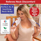 A woman smiles in a chair wearing a white Hot & Cold Neck Wrap. The text notes it relieves neck discomfort with moist heat or cold therapy, delivers direct heat, and has a 100% natural fill.