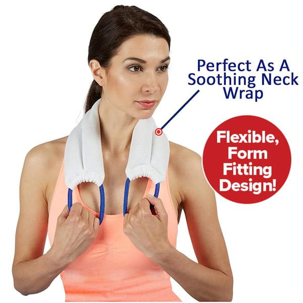 A woman wears the Hot & Cold Neck Wrap in white with blue handles, holding it around her neck. Text calls it “Perfect As A Soothing Neck Wrap” and highlights its “Flexible, Form Fitting Design!” in a red circle.