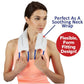 A woman wears the Hot & Cold Neck Wrap in white with blue handles, holding it around her neck. Text calls it “Perfect As A Soothing Neck Wrap” and highlights its “Flexible, Form Fitting Design!” in a red circle.