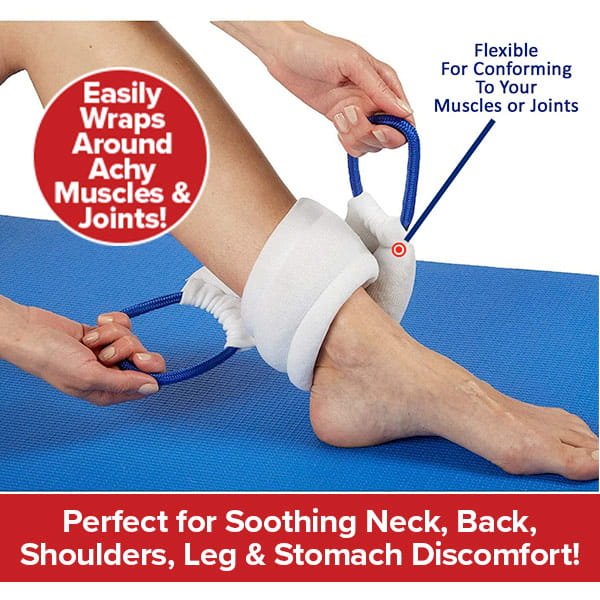 A person sits on a blue mat, wrapping the Hot & Cold Neck Wrap—a white, flexible pad with blue handles—around their ankle to provide moist heat or cold therapy for soothing muscle and joint discomfort on different body areas.