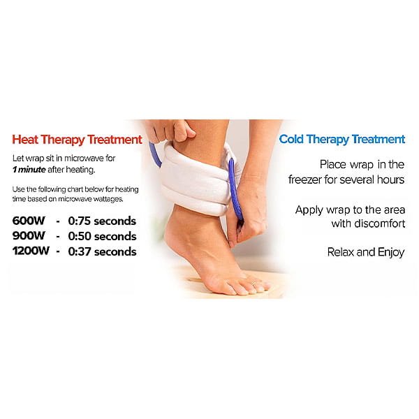 A person wraps a white Hot & Cold Neck Wrap around their ankle. Instructions for moist heat therapy (microwave times: 600W, 900W, 1200W) and cold therapy are displayed on each side of the image.