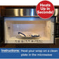 A microwave with an open door shows a Hot & Cold Neck Wrap on a plate. A red circle says "Heats Up in Seconds!" and a blue banner instructs: Microwave your Hot & Cold Neck Wrap on a clean plate for soothing moist heat therapy.