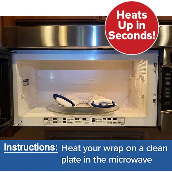 A microwave with an open door shows a Hot & Cold Neck Wrap on a plate. A red circle says "Heats Up in Seconds!" and a blue banner instructs: Microwave your Hot & Cold Neck Wrap on a clean plate for soothing moist heat therapy.