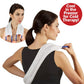 A woman uses the Hot & Cold Neck Wrap on her neck and shoulders. An inset shows her applying the wrap for moist heat therapy, while a red circle states, "Cool in the Freezer for Cold Therapy!.