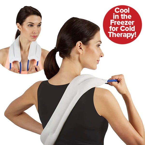 A woman uses the Hot & Cold Neck Wrap on her neck and shoulders. An inset shows her applying the wrap for moist heat therapy, while a red circle states, "Cool in the Freezer for Cold Therapy!.