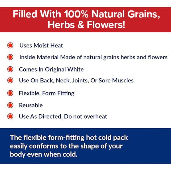 Infographic highlighting features of the Hot & Cold Neck Wrap: made with natural grains, herbs, and flowers; provides moist heat and cold therapy; flexible, reusable, and suitable for use on neck, shoulders, or other body areas.