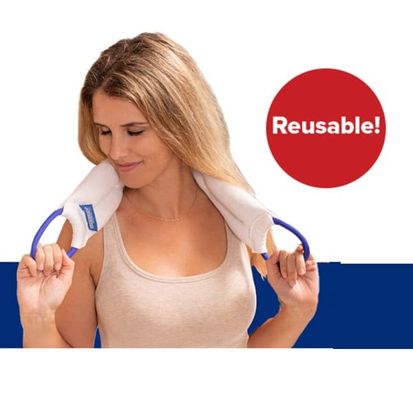 A woman with long blonde hair places the Hot & Cold Neck Wrap around her neck. A red circle highlights its Reusable! feature—ideal for both cold therapy and moist heat therapy as needed.