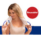 A woman with long blonde hair places the Hot & Cold Neck Wrap around her neck. A red circle highlights its Reusable! feature—ideal for both cold therapy and moist heat therapy as needed.