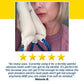 A woman holds the Hot & Cold Neck Wrap to her cheek, easing dental pain. Below, a 5-star review from Melanie B. praises its cold therapy and softness, noting it brought relief for a tooth abscess.