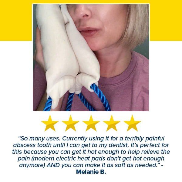 A woman holds the Hot & Cold Neck Wrap to her cheek, easing dental pain. Below, a 5-star review from Melanie B. praises its cold therapy and softness, noting it brought relief for a tooth abscess.