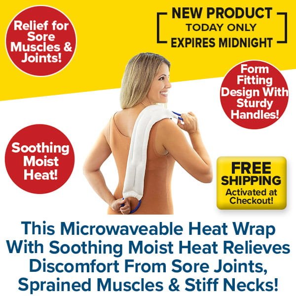 A woman smiles while holding the Hot & Cold Neck Wrap on her neck. Enjoy soothing moist heat therapy, relief for sore muscles and joints, sturdy handles, new product details, and free shipping.