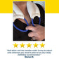 A person in a black top holds blue-handled Hot & Cold Neck Wrap straps around their neck. Below the image are five gold stars and a positive review.