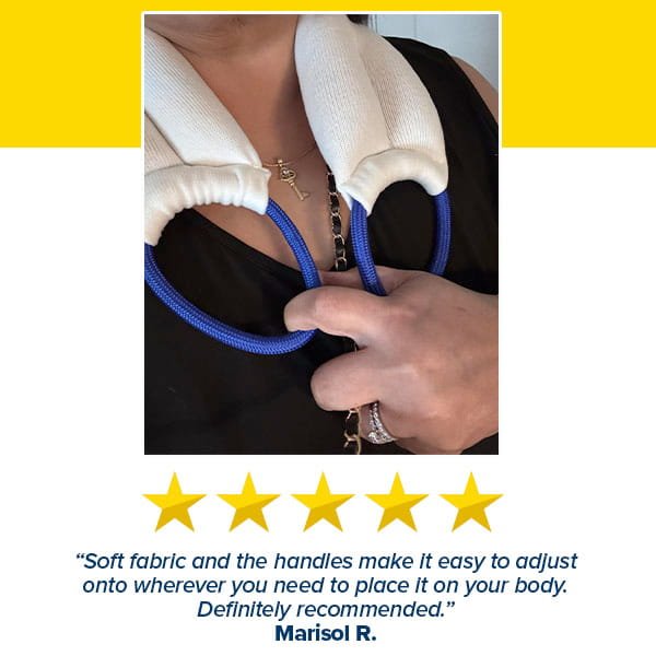 A person in a black top holds blue-handled Hot & Cold Neck Wrap straps around their neck. Below the image are five gold stars and a positive review.