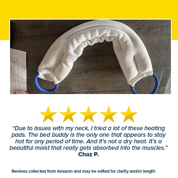 A white, crescent-shaped Hot & Cold Neck Wrap with blue handles sits on wood above a five-star review praising its effectiveness for neck pain relief and moist heat therapy.