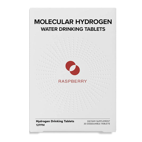 A white box labeled "Molecular Hydrogen Water Drinking Tablets" features a red raspberry logo at its center. The raspberry-flavored box contains 30 dissolvable tablets intended as a dietary supplement. These tablets are designed to produce tasty, hydrogen-rich water with every use.