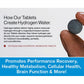 A hand holds a round tablet next to text about Molecular Hydrogen Water Drinking Tablets, which create molecular hydrogen water; a blue banner beneath emphasizes their health benefits, such as supporting metabolism and brain function.