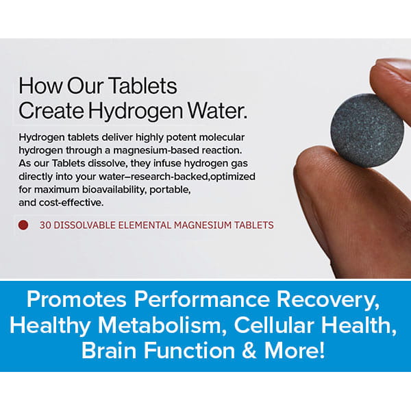 A hand holds a round tablet next to text about Molecular Hydrogen Water Drinking Tablets, which create molecular hydrogen water; a blue banner beneath emphasizes their health benefits, such as supporting metabolism and brain function.