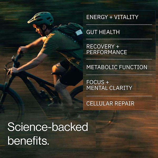 A person rides a bicycle outdoors. Overlay text lists health benefits: energy and vitality, gut health, recovery and performance, metabolic function, focus and mental clarity, cellular repair. Text reads: Science-backed benefits of Molecular Hydrogen Water Drinking Tablets.