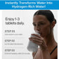 A woman drinks a glass of water. Text explains how to use Molecular Hydrogen Water Drinking Tablets: Add 1-3 tablets to water, let dissolve, and drink within 20 minutes to enjoy fresh molecular hydrogen water. Blue banner says, “Instantly Transforms Water Into Hydrogen-Rich Water!”.