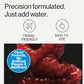 Close-up of raspberries with text: “Precision formulated. Just add water. Travel friendly. Easy to use.” Blue badge reads: “Clean Formula, No Artificial Flavors & Additives!” Perfect for creating molecular hydrogen water with convenient Molecular Hydrogen Water Drinking Tablets.