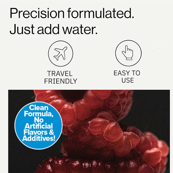 Close-up of raspberries with text: “Precision formulated. Just add water. Travel friendly. Easy to use.” Blue badge reads: “Clean Formula, No Artificial Flavors & Additives!” Perfect for creating molecular hydrogen water with convenient Molecular Hydrogen Water Drinking Tablets.