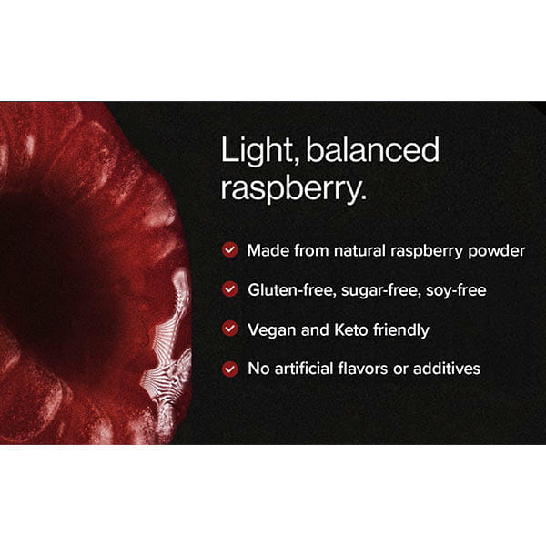 Close-up of a raspberry with text: Light, balanced raspberry. Bullet points: made with natural raspberry powder; gluten-free, sugar-free, and soy-free; vegan and keto friendly; contains no artificial flavors or additives. Pair Molecular Hydrogen Water Drinking Tablets with your beverage for a refreshing and healthful boost.