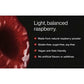 Close-up of a raspberry with text: Light, balanced raspberry. Bullet points: made with natural raspberry powder; gluten-free, sugar-free, and soy-free; vegan and keto friendly; contains no artificial flavors or additives. Pair Molecular Hydrogen Water Drinking Tablets with your beverage for a refreshing and healthful boost.