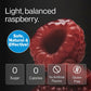 Close-up of a raspberry with text: “Light, balanced raspberry. Safe, Natural & Effective.” Icons state: 0 sugar, 0 calories, no artificial flavors, gluten free. Enhanced with Molecular Hydrogen Water Drinking Tablets for an extra boost of natural wellness.