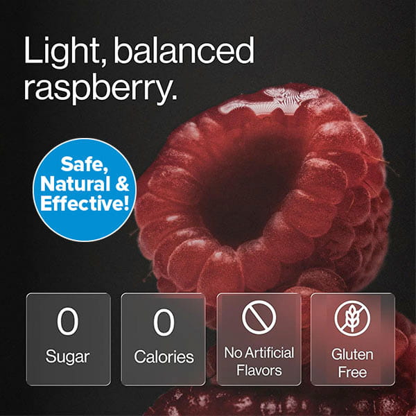 Close-up of a raspberry with text: “Light, balanced raspberry. Safe, Natural & Effective.” Icons state: 0 sugar, 0 calories, no artificial flavors, gluten free. Enhanced with Molecular Hydrogen Water Drinking Tablets for an extra boost of natural wellness.