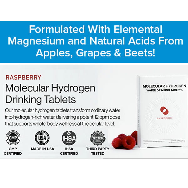 A box of Molecular Hydrogen Water Drinking Tablets (Raspberry) sits next to fresh raspberries. The text highlights that these tablets create molecular hydrogen water enhanced with magnesium and natural acids. Certified GMP, Made in USA, IHSA certified, and third-party tested for quality—enjoy convenient hydrogen-rich water anytime.