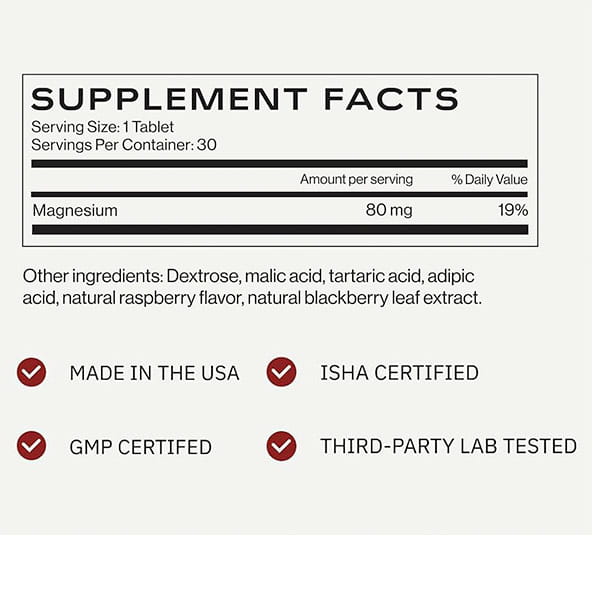 Here’s the rewritten sentence using your product data: The Supplement Facts label for Molecular Hydrogen Water Drinking Tablets lists magnesium (80 mg per tablet), dextrose, acids, and raspberry flavor. Ideal for anyone seeking the benefits of hydrogen-rich water—just drop a tablet into your drink to infuse it with molecular hydrogen. Badges: Made in the USA, GMP certified, ISHA certified, third-party lab tested.