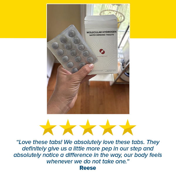 A hand holding a blister pack of tablets in front of a Molecular Hydrogen Water Drinking Tablets box, highlighting the benefits of hydrogen-rich water. Below, a five-star review and a positive testimonial from Reese emphasize the effectiveness of these hydrogen water drinking tablets.