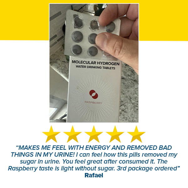 A hand holds a blister pack labeled Molecular Hydrogen Water Drinking Tablets. Below is a five-star review highlighting the product’s energizing effects and delicious raspberry flavor, mentioning this is the customer’s third purchase and emphasizing the refreshing boost provided by these hydrogen-rich water tablets.