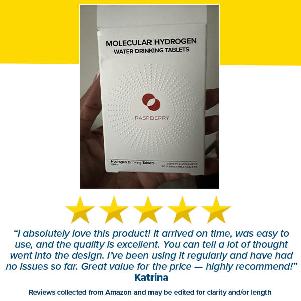 A hand holds a box labeled “Molecular Hydrogen Water Drinking Tablets,” highlighting an easy and convenient way to enjoy hydrogen-rich water daily. Below, a 5-star review from Katrina praises the product’s quality, ease of use, and value, with a note about review sources.