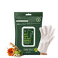A dark green package of Hypoallergenic Dog & Cat Bathing Glove Wipes is displayed with a white dog and cat bathing glove beside it, surrounded by flowers and a green apple decoration. The packaging emphasizes that these odor-neutralizing pet wipes are extra thick, fragrance-free, hypoallergenic, and safe for pets to lick.
