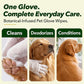 Ad for Hypoallergenic Dog & Cat Bathing Glove Wipes, featuring a botanical-infused formula in an easy-to-use glove design for both dogs and cats. Three panels depict: wiping a muddy paw, gently cleaning around the face, and revealing a pup with clean, shiny fur. Text: Cleans, Deodorizes, Conditions—odor-neutralizing Hypoallergenic Dog & Cat Bathing Glove Wipes for happy pets and fresh homes.