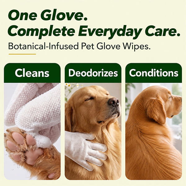 Ad for Hypoallergenic Dog & Cat Bathing Glove Wipes, featuring a botanical-infused formula in an easy-to-use glove design for both dogs and cats. Three panels depict: wiping a muddy paw, gently cleaning around the face, and revealing a pup with clean, shiny fur. Text: Cleans, Deodorizes, Conditions—odor-neutralizing Hypoallergenic Dog & Cat Bathing Glove Wipes for happy pets and fresh homes.