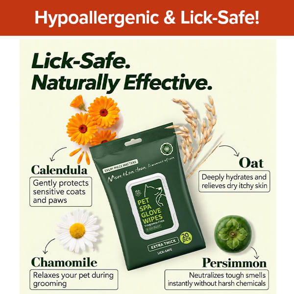 Hypoallergenic Dog & Cat Bathing Glove Wipes are featured alongside calendula, oat, chamomile, and persimmon—ingredients celebrated for their pet-friendly benefits. The text highlights these hypoallergenic wipes as lick-safe, naturally effective, and ideal for gentle cleansing of both dogs and cats.