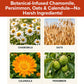 Four labeled images—chamomile flowers, oat stalks, an orange calendula flower, and green persimmons on a tree—sit below a banner that reads: “Botanical-Infused Chamomile, Persimmon, Oats & Calendula—No Harsh Ingredients!” The perfect companion for our Hypoallergenic Dog & Cat Bathing Glove Wipes to ensure gentle freshness as part of your dog and cat’s grooming routine.